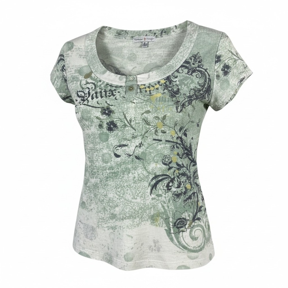 Vintage Suzie Green Womens Floral Graphic Rhinestone Top Short Sleeve Size Large